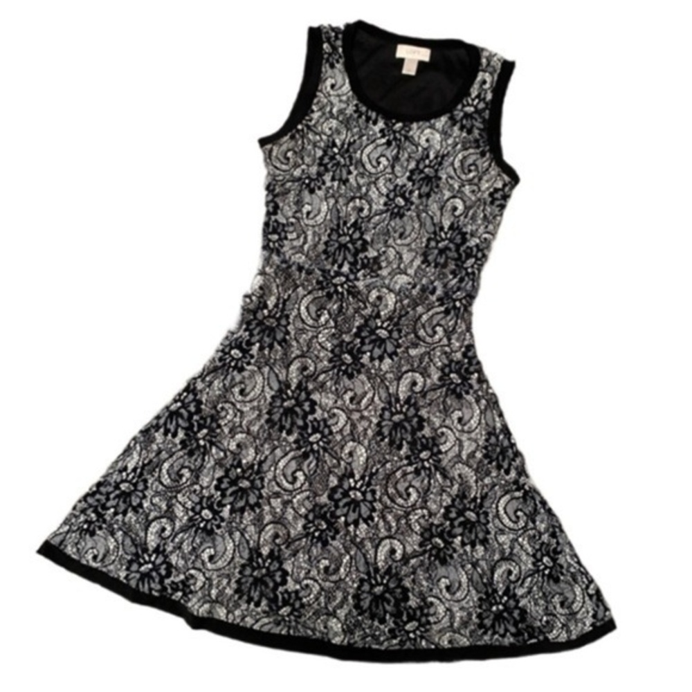Ann Taylor loft floral lace mesh overlay black white skater dress retro boho